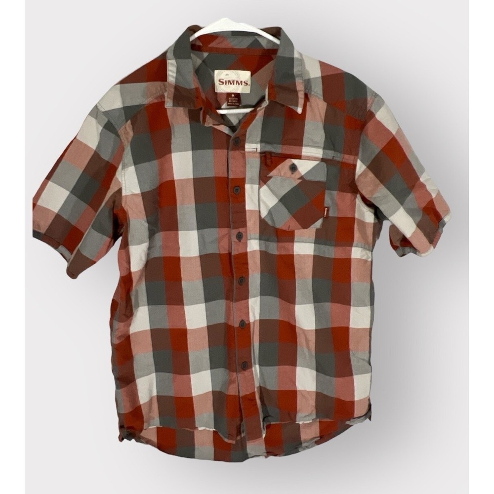Simms Shirt Red Plaid Cotton Blend Short Sleeve Zip Pocket Fishing Mens MEDIUM